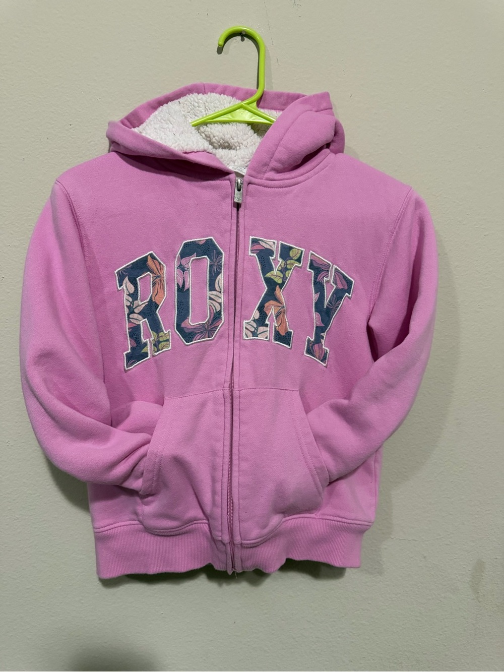 Roxy Pink Sherpa-Lined Zip Hoodie with Floral Logo